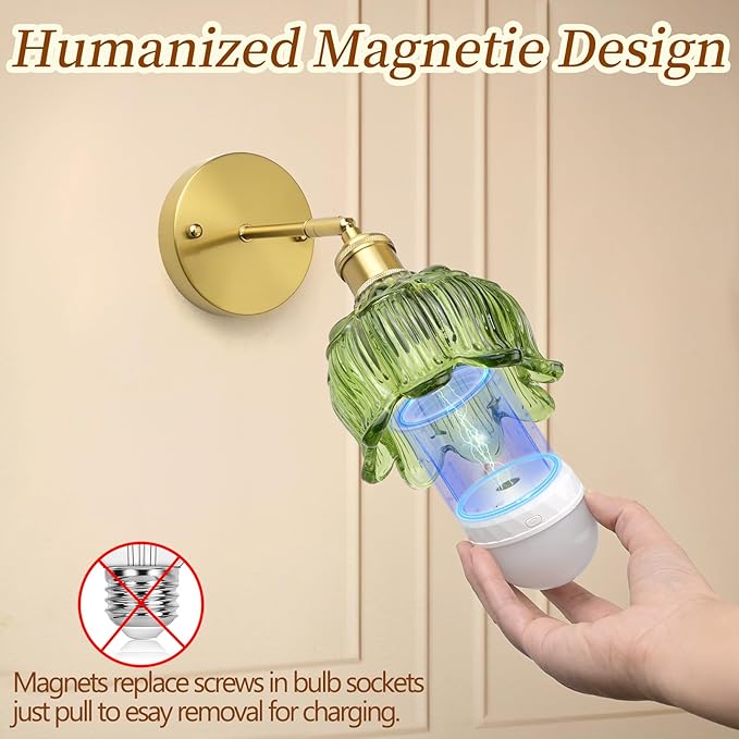 Wireless Wall Sconce with Flower lampshade, Battery Operated Wall Lights,Wall lamp with 15 Colors for Bedroom Living Room Home Decor (Green, 1 Light Battery Operated)