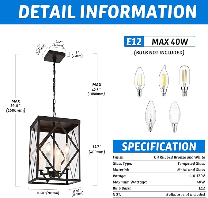 Exterior Hanging Lantern Porch Pendant Lights with Clear Glass Oil Rubbed Brozne Outdoor Pendant Light Adjustable Outside Chandelier Ceiling Mount or Front Porch Entrance Patio Foyer, 4 Light