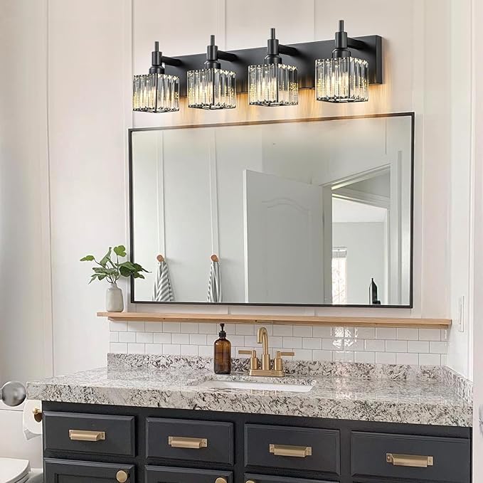 Black Crystal Bathroom Vanity Light 4-Light Modern Bathroom Lighting Fixtures Over Mirror Black Wall Sconce with Square Shade