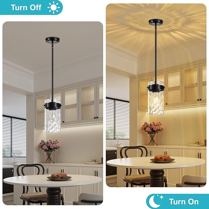 4.72" Hammered Glass Pendant Lighting for Kitchen Island 2 Pack, Modern Black Pendant Light Fixtures, Adjustable Ceiling Pendant Light for Kitchen Island Dining Room Bedroom Hallway