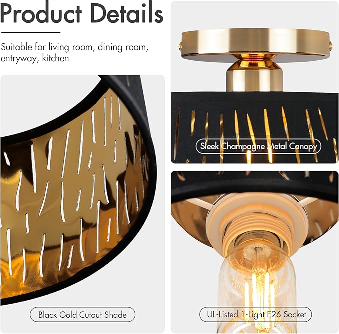 Modern Ceiling Light Fixture 2 Pack, 10 Inch Semi Flush Mount Lamp with Black Cut-Out Linen Shade, E26 Base, Gold for Kitchen Bedroom Hallway Closet Entryway Room Small Spaces