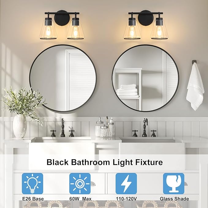 Black Bathroom Vanity Light 2 Lights Bathroom Light Fixtures Over Mirror Vanity Lighting Fixtures with Clear Glass Shade 14 inch Modern Vanity Lights for Bathroom Wall Sconce Lights for Bedroom