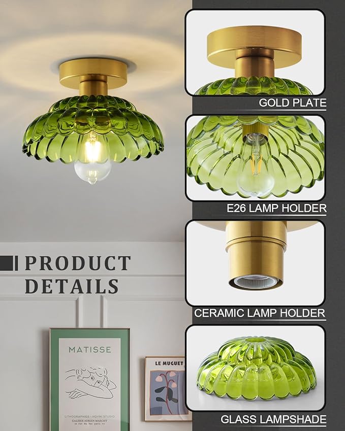 ANYLOVE 10 Inch Green Vintage Glass Semi Flush Mount Ceiling Light, E26 Socket for Bedroom Kitchen Hallway Foyer