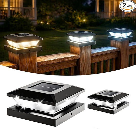4x4-Solar-Post-Cap-Lights-Outdoor 2 Pack Solar Powered Fence Post Lights 3 Lighting Modes Deck Postcap Light for 3.5x3.5 4x4 Wood/Vinyl Posts LED Waterproof Garden Patio Porch Posts Lighting Black