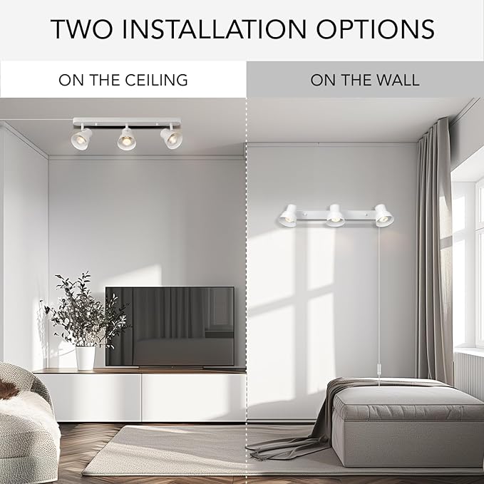 Globe Electric 64000116 22" 3-Light Plug-in Track Lighting, Matte White, Pivoting Heads, 15-Foot Cord, in-Line on/Off Rocker Switch, Modern Ceiling Light Fixture for Apartment or Renters