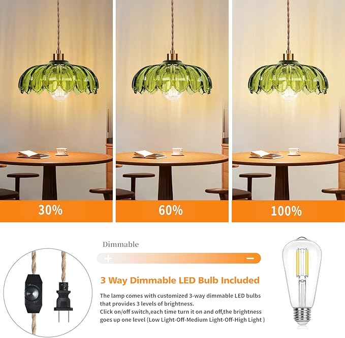 QIYIZM Plug in Pendant Light Hanging Lights with Plug in Cord Boho Hanging Lamp Glass Gold Mid Century Modern Vintage Dimmable Green Flower Plug in Chandelier Ceiling Fixture for Living Room,Kitchen