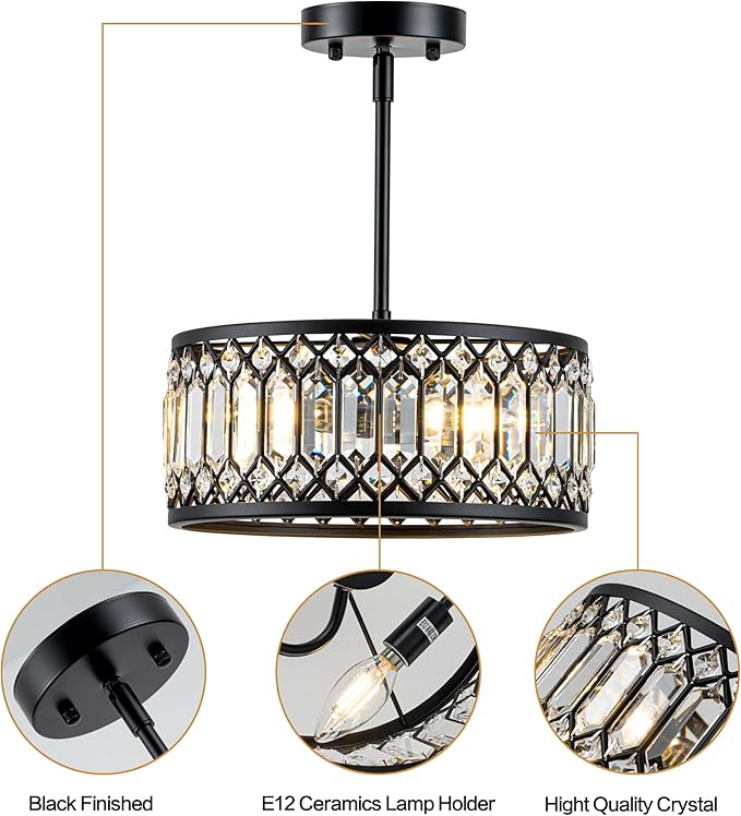 Crystal Black Ceiling Light, Modern Light Fixture Ceiling, Chandelier for Living Room Dinning Room Bedroom Walk-in Closet 3-Light 12.2 Inch