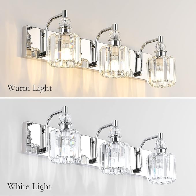 Ralbay Crystal Vanity Light Fixtures 3 Light Modern Crystal Bathroom Lights Fixtures Over Mirror Stainless Steel Chrome Vanity Light for Bathroom Wall Lights Fixtures
