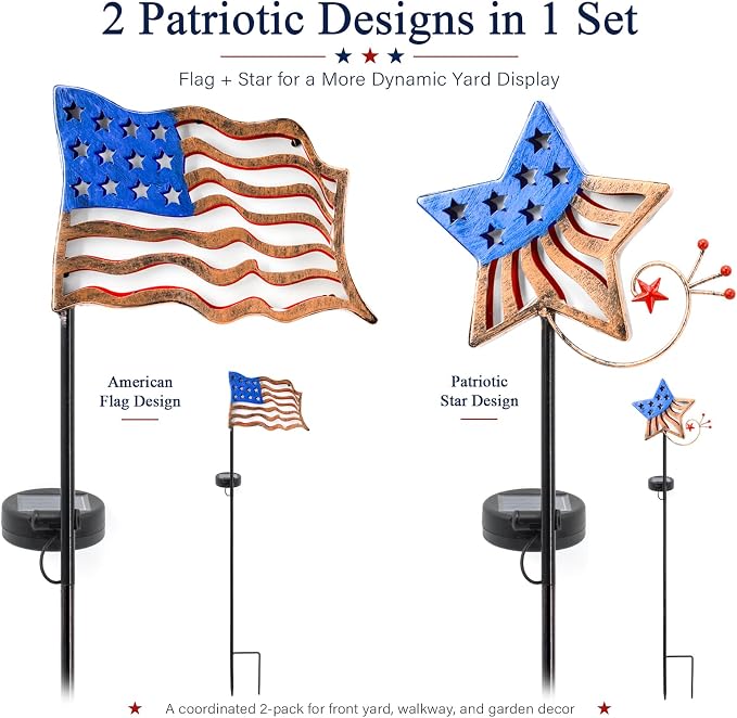 4th of July Decorations Outdoor Solar Lights, Metal American Flag Lights Patriotic Barn Stars Decorative Garden Stakes Light for Independence Day, Memorial Day Veterans Day Yard Path Lawn Decor