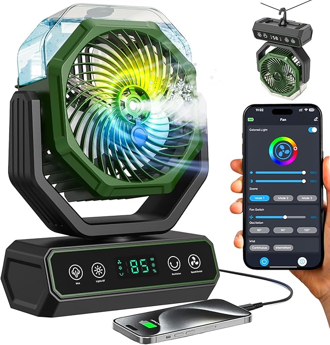 V JULES.V Portable Fan for Bedroom,40000mAh Rechargeable Desk Fan with Smart APP Remote Control,Misting Fan with RGB Lights,Timer,5 Speed Camping Fan for Travel,Tents,Beach,Office,Outdoor-Army Green