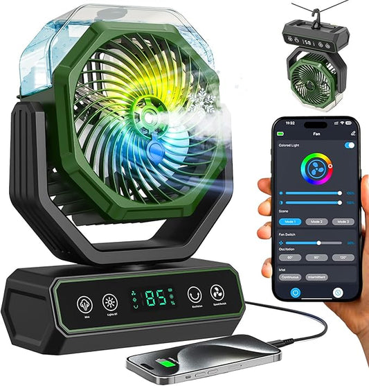 V JULES.V Portable Fan for Bedroom,40000mAh Rechargeable Desk Fan with Smart APP Remote Control,Misting Fan with RGB Lights,Timer,5 Speed Camping Fan for Travel,Tents,Beach,Office,Outdoor-Army Green