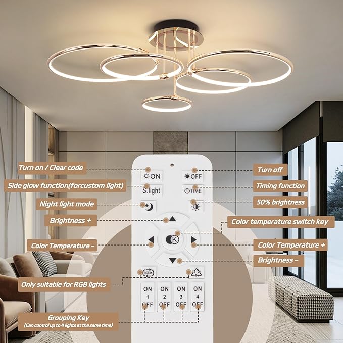 CANEOE Modern Ceiling Light Fixture,Gold Dimmable Led Ceiling Light with Remote Control for Living Room,5 Rings Flush Mount Ceiling Lamp for Living Room Bedroom Kitchen Lighting Fixtures Ceiling