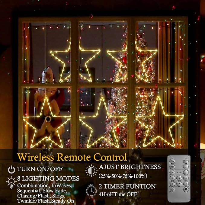 LED Christmas Window Star Decoration - 5 Pack 200 Hanging Star Lights Battery Operated 8 Modes with 5 Remote Controls for Indoor, Outdoor Christmas Window Decorations, Porch, Warm White