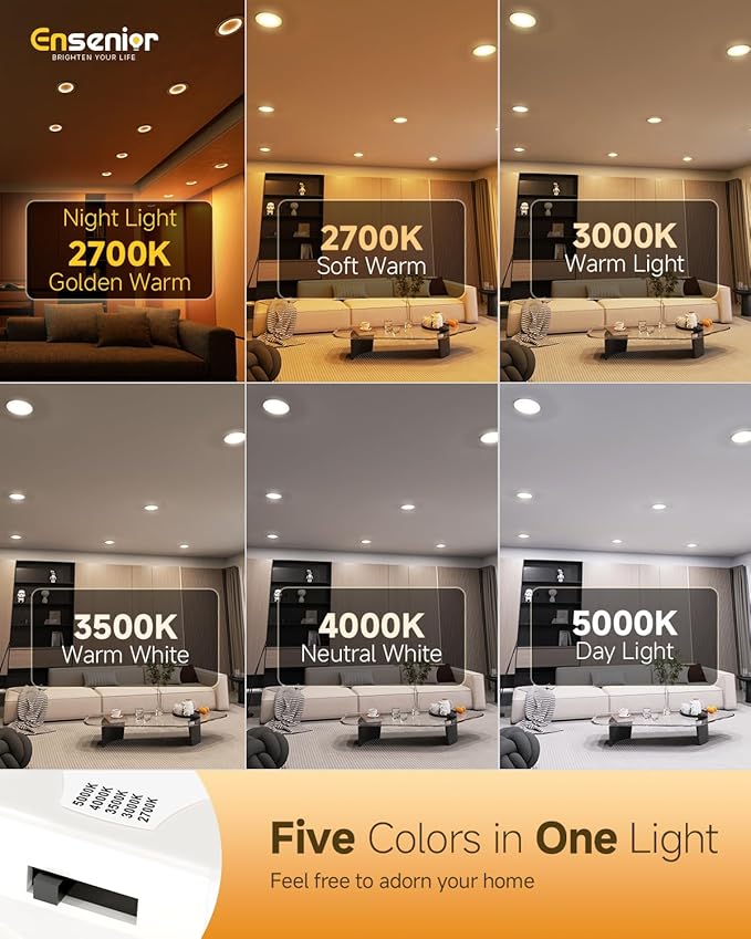 Ensenior 5/6 Inch 5CCT LED Can Lights with Night Light 12 Pack, Retrofit Led Recessed Lighting, Baffle Trim, Dimmable, 9W=110W, 1000LM, IC Rated - FCC