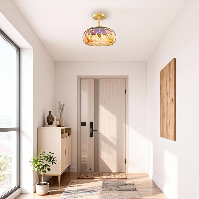 Vintage Ceiling Light Fixture, 12''& 3-Light Amber Indoor Semi Flush Mount Ceiling Light, Brass Rainbow Lampshade for Farmhouse, Bedroom, Kitchen, Living Room, Hallway Bulbs Not Included
