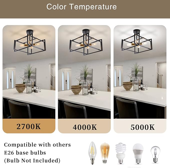 HuisMier Industrial Semi Flush Mount Ceiling Light, 4-Light Farmhouse Ceiling Lights Fixture, Black and Gold Metal Close to Ceiling Lighting Fixtures for Dining Room Bedroom Kitchen Island Foyer