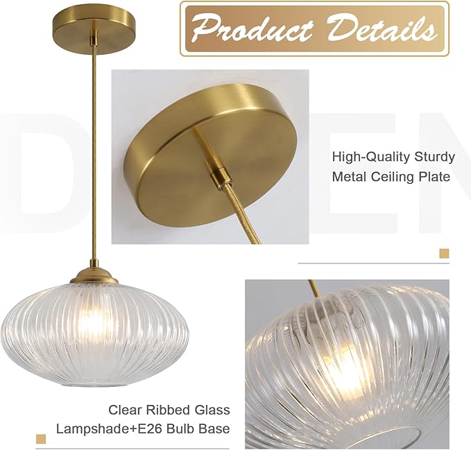 Mid Century Clear Glass Pendant Lights Kitchen Island Modern Brushed Gold Hanging Light Fixture Vintage 1 Light Single Indoor Round Pendant Lighting Adjustable Globe Hanging Lamps MPL30-D