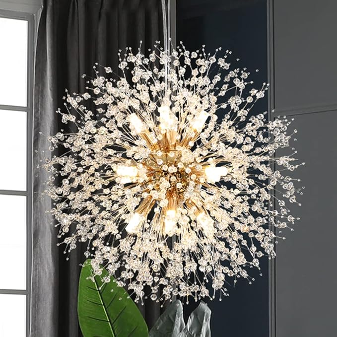 Gold Crystal Chandeliers 12-Light Modern Dandelion Light Fixture,Firework Chandelier,Personalized Ceiling Hanging Lighting for Bedroom,Dining Room,Living Room Chandelier