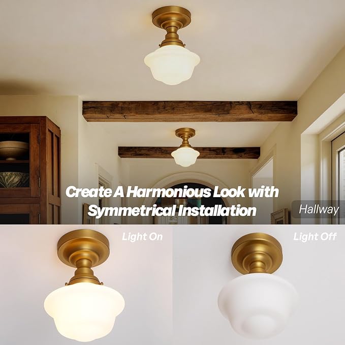 Modern Schoolhouse Semi Flush Mount Ceiling Light,Brass Gold Close to Ceiling Light Fixtures with Milky White Glass Hallway Ceiling Lamp for Laundry Kitchen Entryway Bathroom E26