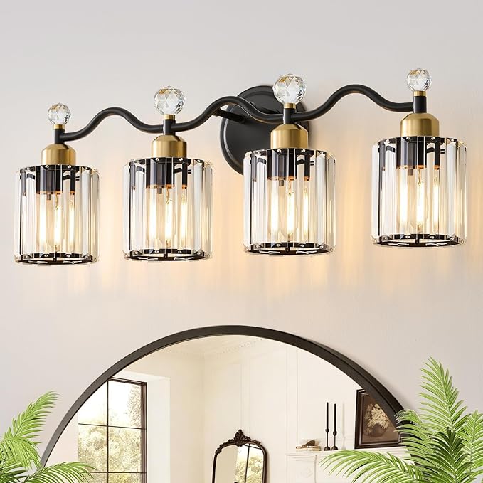 Modern Crystal Bathroom Vanity Light,Balck and Gold 4-Lights Bathroom Light Fixtures, Vanity Light Fixtures Over Mirror, Glass Wall Sconce Light for Bedroom, Kitchen, Living Room, Gallery, E26 Base