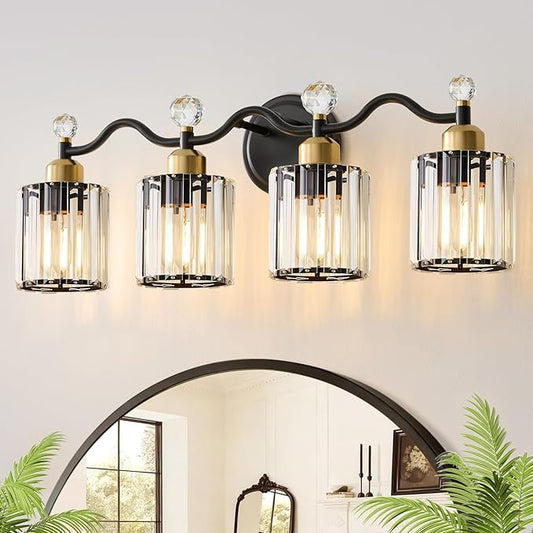 Modern Crystal Bathroom Vanity Light,Balck and Gold 4-Lights Bathroom Light Fixtures, Vanity Light Fixtures Over Mirror, Glass Wall Sconce Light for Bedroom, Kitchen, Living Room, Gallery, E26 Base