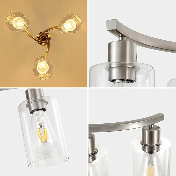 3 Light Brushed Nickel Modern Pendant Light, 16.5" Kitchen Island Lighting with Clear Glass Shade, Adjustable Dining Room Chandelier Over Table, Farmhouse Industrial Hanging Fixture