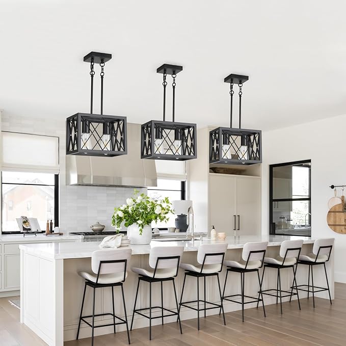 KEESFU Black Farmhouse Pendant Light, 2 Lights Small Kitchen Lighting Fixtures, Adjustable Height, Industrial Dining Room Light for Living Room Foyer Dining Table Over Sink.