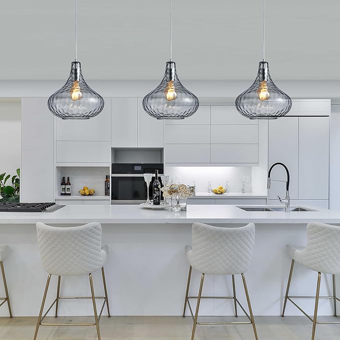 Hammered Glass Pendant Light - 11" Vintage Industrial Farmhouse Fixture for Kitchen Island, Dining Room & Entryway, Smoke Gray Ceiling Hanging Light with Chrome Finish,Easy Install Modern Chandelier