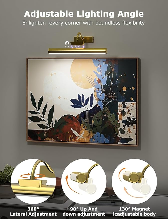 16in Wireless Picture Light with Remote, Battery Operated Picture Lights for Wall 5000mAh, 3 Color Modes and Dimmable LED Art Lighting with Timer for Painting, Frame, Gallery, Bedroom (Gold-1Pack)