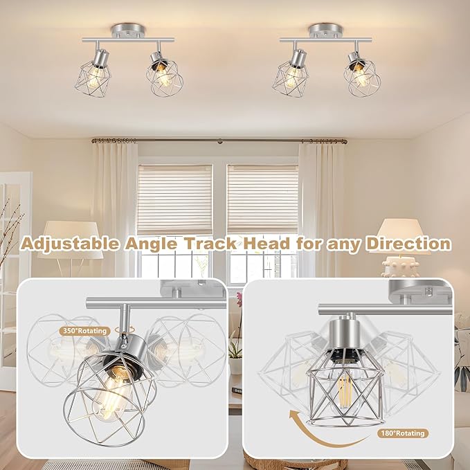 2-Light Brushed Nickel Semi Flush Mount Ceiling Light, Hallway Light Fixtures with Metal Wire Cage, Vintage Adjustable Track Spotlight Ceiling Fixtures for Dining Room, Farmhouse, Entryway