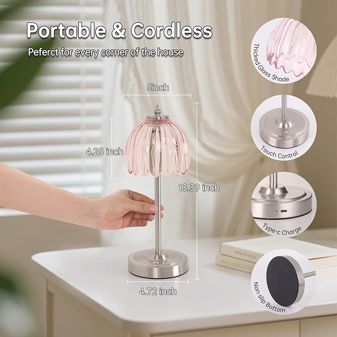 Shenmoyl Tulip Table Lamp with 5200mAh Battery & Touch Control, Cordless Small Table Lamp with 3 Colors, Dimmable Rechargeable Table Lamps for Living Room, Bedroom, Desk, Bedside (Clear Pink Tulip)