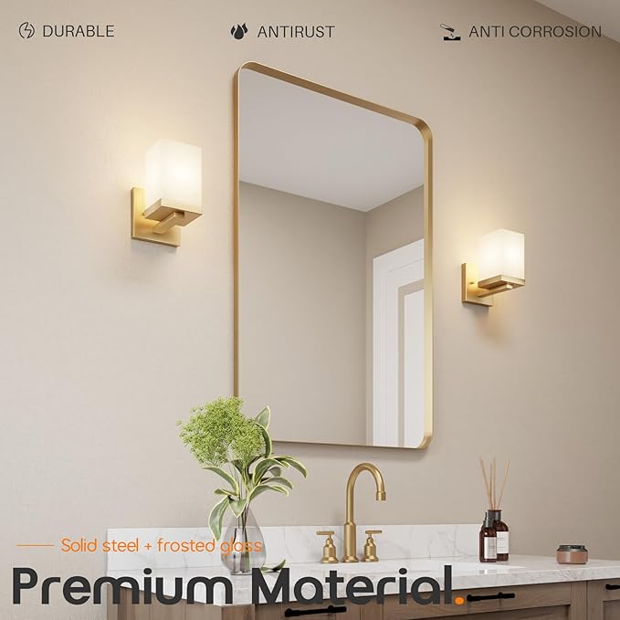 Vanity Lighting Fixture with White Frosted Glass, Gold Bathroom Wall Lamp Over Mirror, Wall Sconce for Living Room Kitchen Washroom Porch T003GD-L1