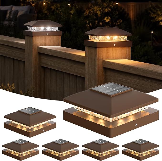 APONUO Solar Post Cap Lights for 4x4 Posts - IP64 Waterproof, 3000/6500K LED, Wireless Fence Lights & Deck Lights for Patios, Gardens, and Yards, Brown-Warm/Cool White, 6-Pack