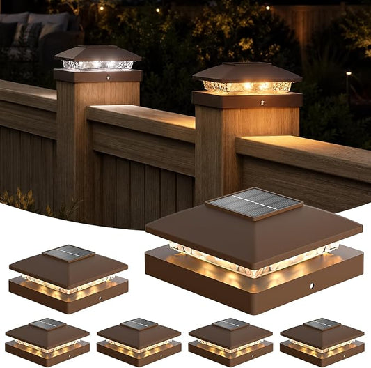 APONUO Solar Post Cap Lights for 4x4 Posts - IP64 Waterproof, 3000/6500K LED, Wireless Fence Lights & Deck Lights for Patios, Gardens, and Yards, Brown-Warm/Cool White, 6-Pack