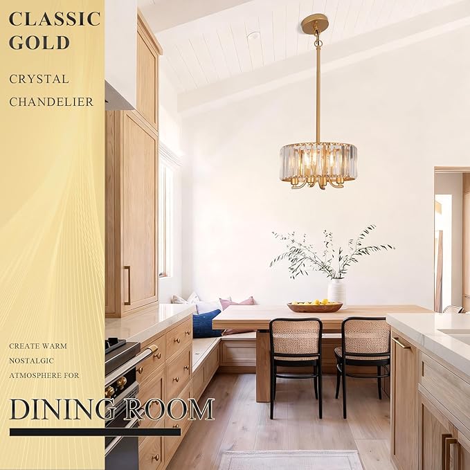 Gold Crystal Chandelier, 4-Light Candle Style Crystal Drum Chandelier, Modern Semi Flush Mount Ceiling Chandelier Light Fixtures for Dinning Room Living Room Kitchen Bedroom Hallway Entryway,11.6 Inch