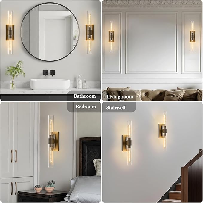 Linear Brass Bathroom Wall Sconce - Luxury Antique Brushed Sconces - Modern Gold Lighting with Clear Glass Tube - Dimmable Vanity Lights Fixture for Bedroom Living Room Hallway Indoor Decor