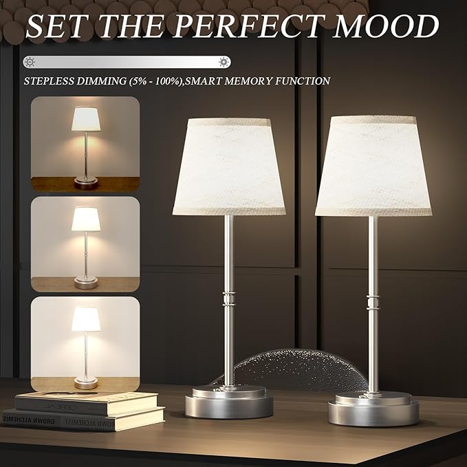 Cordless Table Lamp Rechargeable Silver - 1 Pack 7500mAH Battery Operated Lamp for Decor, 3000K Stepless Dimming Touch Control Wireless Lamp for Bedroom, Dining Table, Counter, Living Room