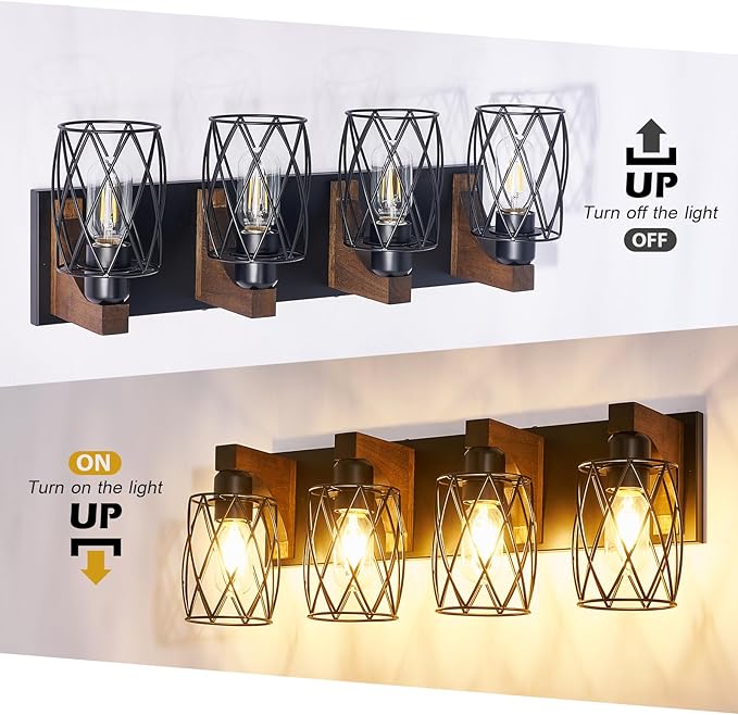 4-Light Farmhouse Bathroom Vanity Light, Wood Bathroom Lighting Fixtures Over Mirror, Black Bathroom Light Fixtures with Cage Metal Shade, Rustic Vanity Light with E26 Base