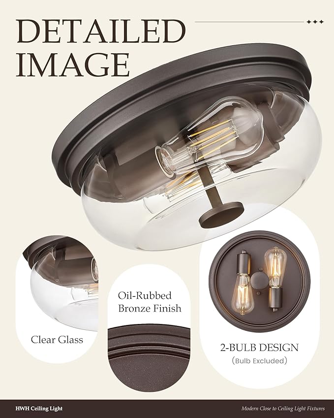 HWH INVESTMENT 2-Light Flush Mount Ceiling Light, Rustic Ceiling Light Fixture for Closet Hallway Entryway, 12 Inch Flush Mount Ceiling Light with Clear Glass, Oil-Rubbed Bronze Finish, 5HJX109F ORB