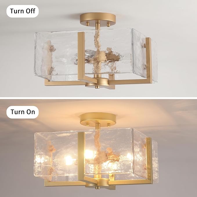 Gold Flush Mount Ceiling Light, 4-Light Brass Vintage Semi Flush Mount Hallway Foyer light fixture, Modern Glass Square Close to Ceiling Light for Kitchen, Dining Room, Bedroom, Bathroom, Entryway
