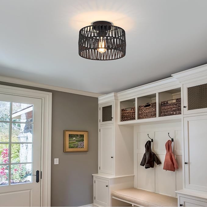 Coastal Black Woven Flush Mount Light Fixture Rustic Industrial Hemp Rope Round Flush Mount Ceiling Light for Hallway Bedroom Farmhouse Kitchen Entryway Hall, Black