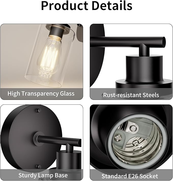 BUTHY Bathroom Wall Sconces Set of Two: Black Vanity Light Fixtures with E26 Base LED Cordless Indoor Wall Mount Lamp for Mirror Bedroom Hallway Stairway Modern Decor Lighting