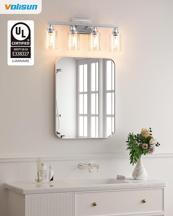 VOLISUN Brushed Nickel Bathroom Light Fixtures, 4-Light Bathroom Vanity Light Over Mirror, Modern Vanity Lights for Bathrooms, Bathrooms Lights Fixtures Over Mirror with Clear Glass Shades