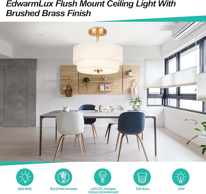 3-Light Semi Flush Mount Ceiling Light Fixture, 12.6" Gold Drum Light with White Fabric Shade, Modern Close to Ceiling Light for Living Room Bedroom Dining Room Kitchen Hallway Entry Foyer