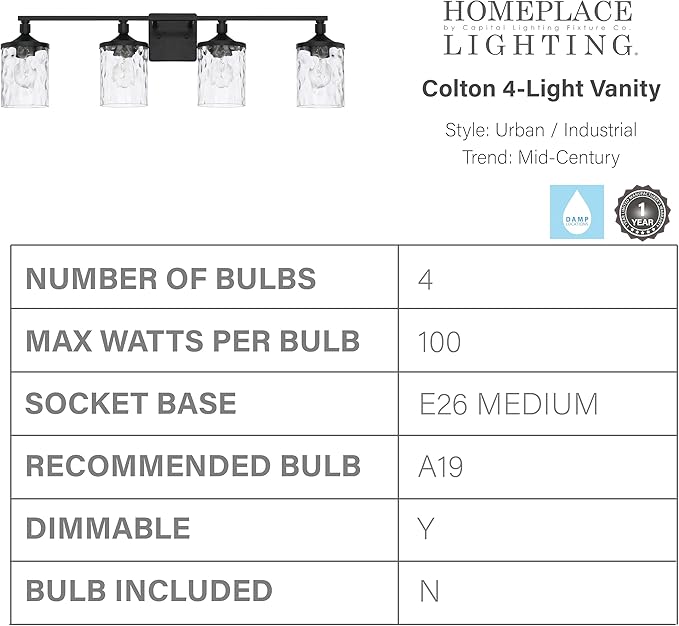 HomePlace Lighting 128841MB-451 Colton Mid-Century Clear Water Glass Bathroom Vanity Wall Light, 4-Light 400 Total Watts, 10" H x 34" W, Matte Black