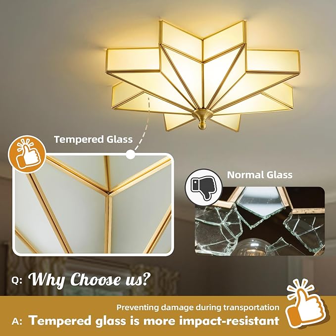 Star Brass Vintage Ceiling Light - 19.7 in Large Milk Glass Antique Brushed Gold Flush Mount Fixture, Mid Century Art Deco Overhead Lighting for Kitchen Hallway Bedroom Bathroom Laundry Entryway Hall