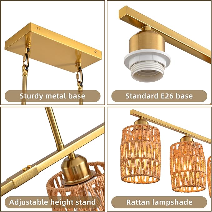 Rattan pendant lights for kitchen island,6-Light Boho Coastal Chandelier Gold,Bohemian Rustic Pendant Light Fixture for Dining Room,Height Adjustable,Farmhouse Woven Hanging Lights Over Table.