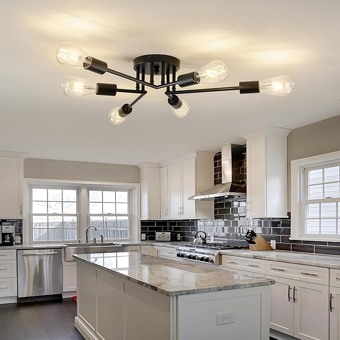 ASGYISA 6-Lights Semi Flush Mount Ceiling Light Fixture Modern Metal Black Sputnik Chandeliers with E26 Bulb Base Close to Ceiling Light for Kitchen Dining Room Living Room Hallway Bedroom