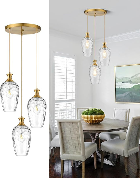 3-Light Pendant Lighting, Modern Brushed Gold Dining Room Chandelier Light Fixture Over Table with Hammered Glass, Brass Cluster Hanging Lights for Kitchen Island Dining Room Bedroom, E26