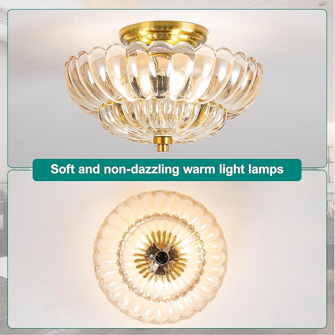 Modern Semi Flush Mount Ceiling Light, Amber Glass Hallway Ceiling Light Fixture, E26 Vintage Gold Close to Ceiling Light Fixture for Kitchen, Living Room, Porch, Entryway